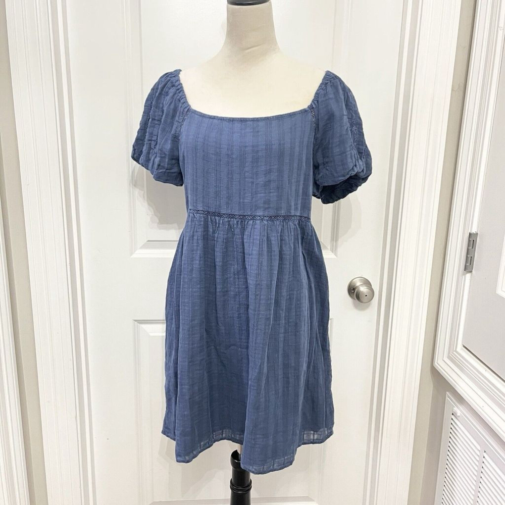 American Eagle NWT Puff Sleeve Babydoll Mini Dress- SZ Large- Blue‎ Embroidered